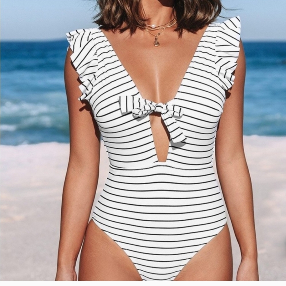 Black and White Striped Ruffle One Piece Swimsuit